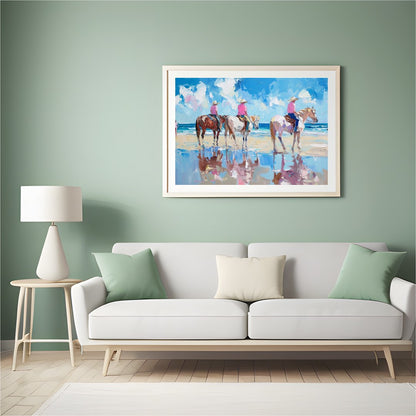 Immerse yourself in the tranquil beauty of a sunlit shore with 'Beachside Equestrian Reflections'. for Hall