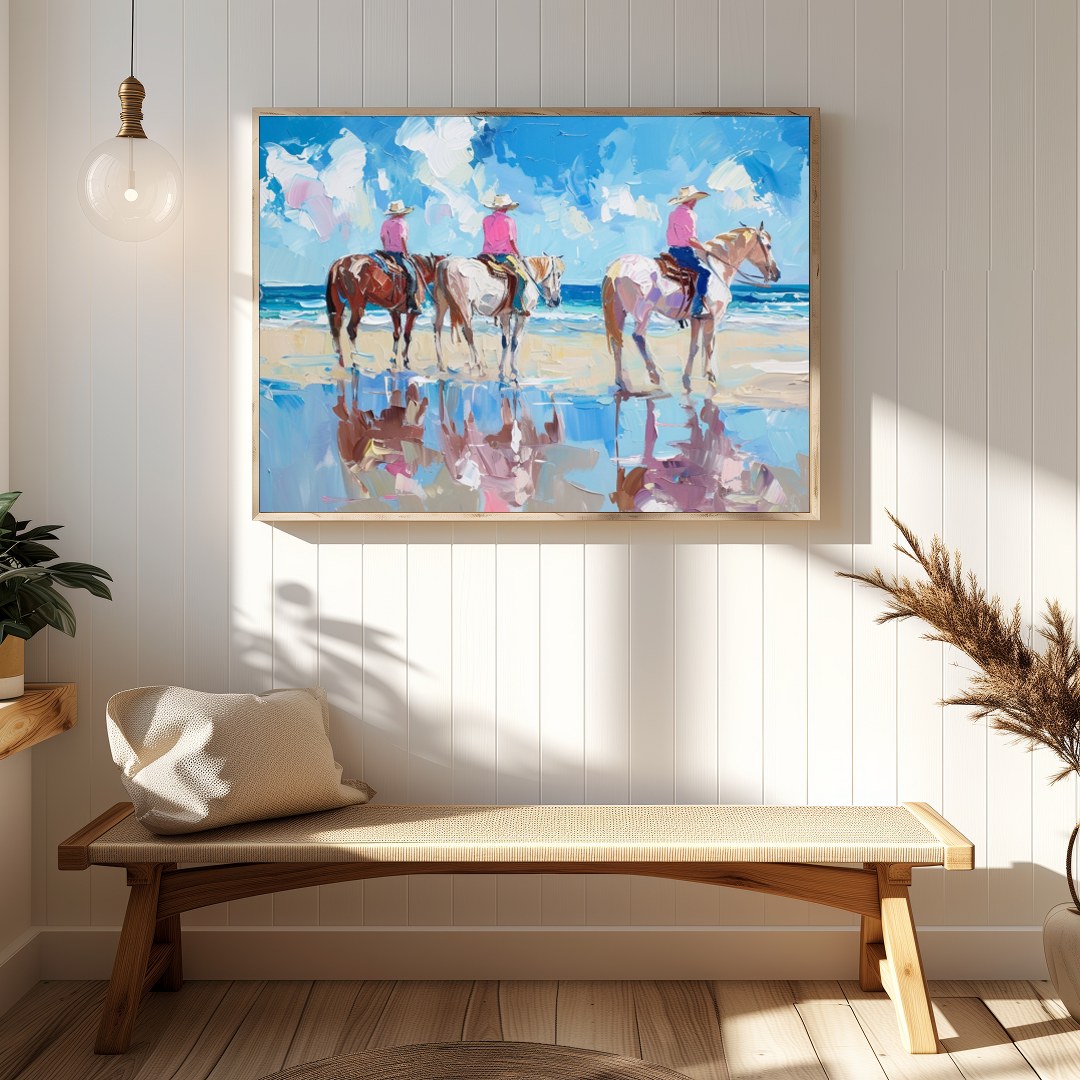 Immerse yourself in the tranquil beauty of a sunlit shore with 'Beachside Equestrian Reflections'. for Hallway