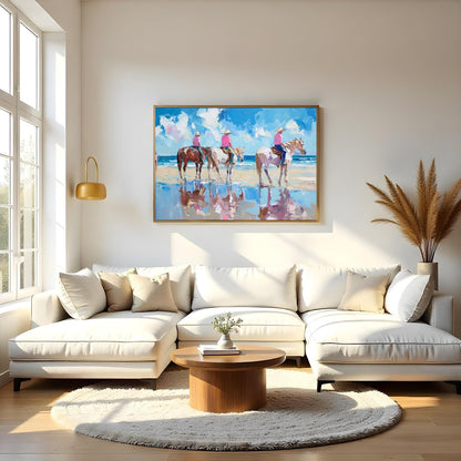 Immerse yourself in the tranquil beauty of a sunlit shore with 'Beachside Equestrian Reflections'. for Living Room