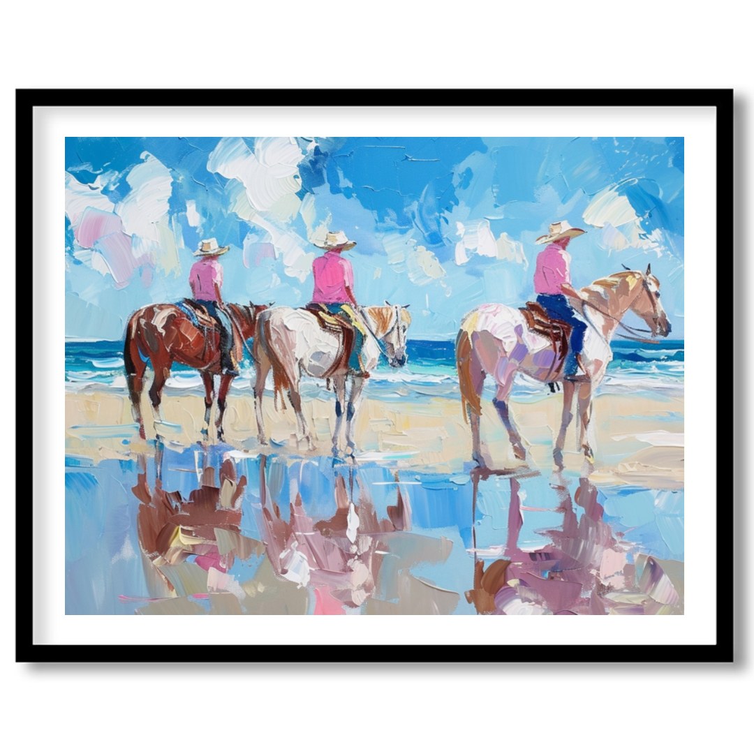 Immerse yourself in the tranquil beauty of a sunlit shore with 'Beachside Equestrian Reflections'. for living-space