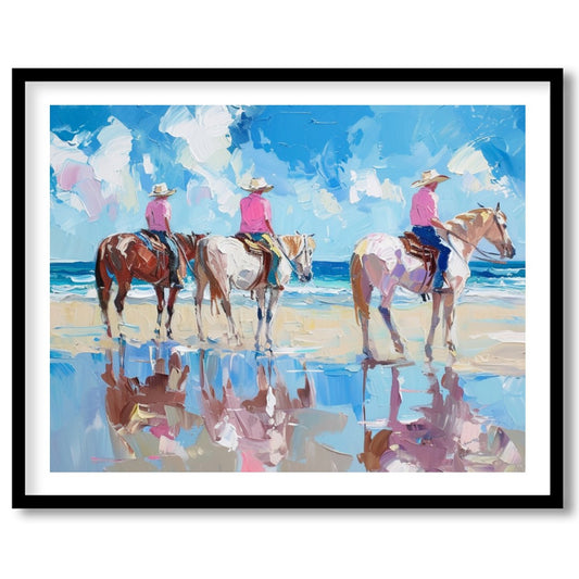 Immerse yourself in the tranquil beauty of a sunlit shore with 'Beachside Equestrian Reflections'. for living-space