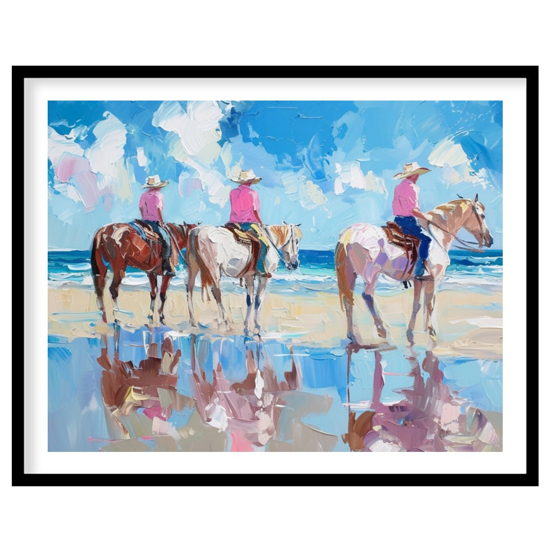 Immerse yourself in the tranquil beauty of a sunlit shore with 'Beachside Equestrian Reflections'. for living-space