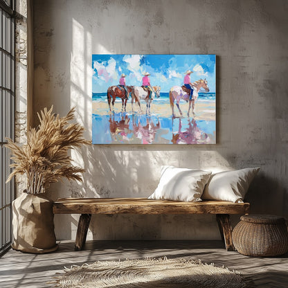 Immerse yourself in the tranquil beauty of a sunlit shore with 'Beachside Equestrian Reflections'. for Veranda