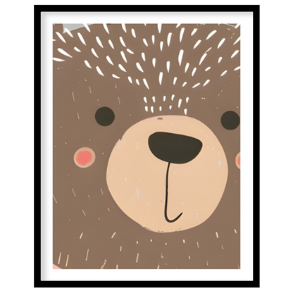 This heartwarming illustration features a gentle brown bear wearing a pink bow tie, calmly standing… for house