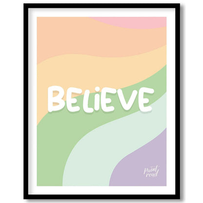This uplifting and visually appealing graphic features the word “BELIEVE” in bold, bubbly white let… for area