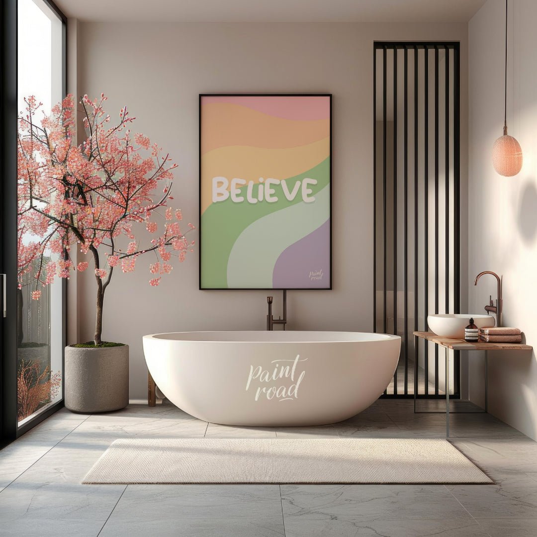 This uplifting and visually appealing graphic features the word “BELIEVE” in bold, bubbly white let… for bathroom