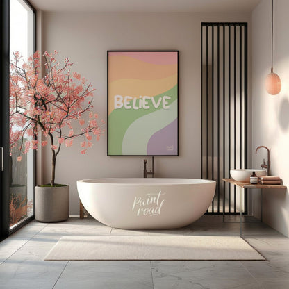 This uplifting and visually appealing graphic features the word “BELIEVE” in bold, bubbly white let… for bathroom
