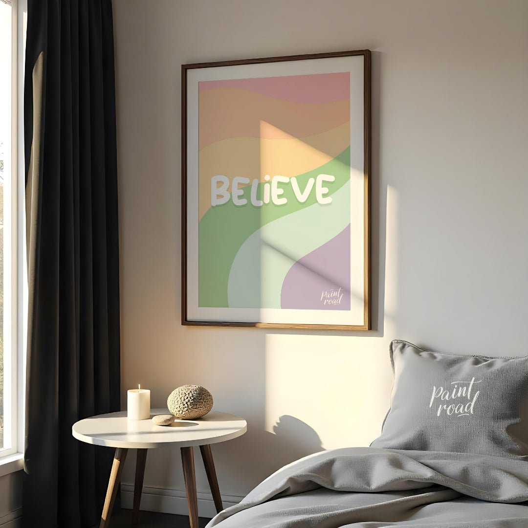 This uplifting and visually appealing graphic features the word “BELIEVE” in bold, bubbly white let… for bedroom