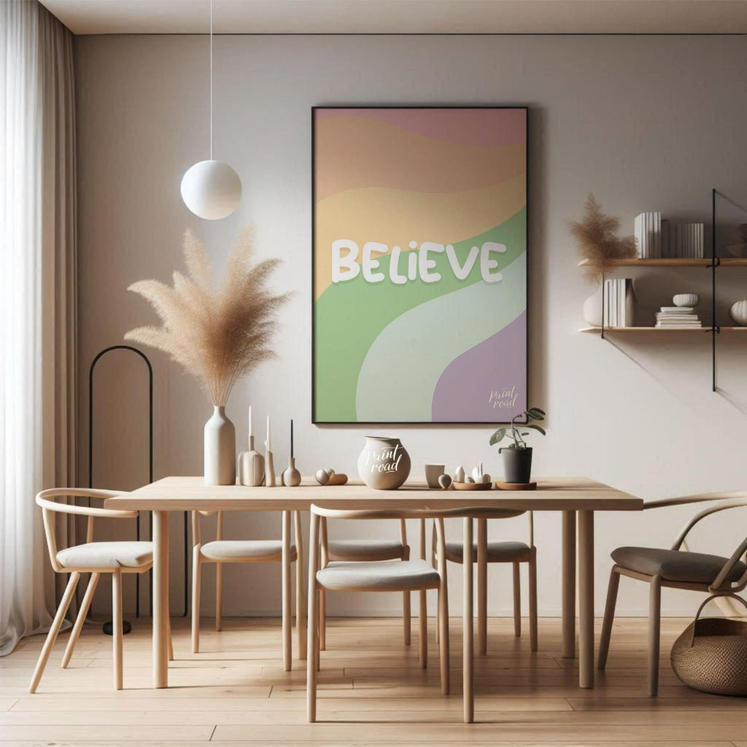 This uplifting and visually appealing graphic features the word “BELIEVE” in bold, bubbly white let… for dining room