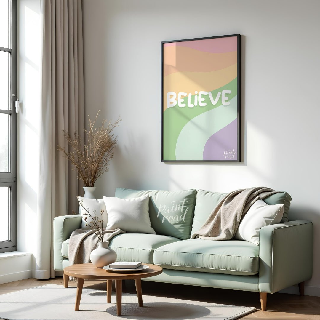 This uplifting and visually appealing graphic features the word “BELIEVE” in bold, bubbly white let… for living room