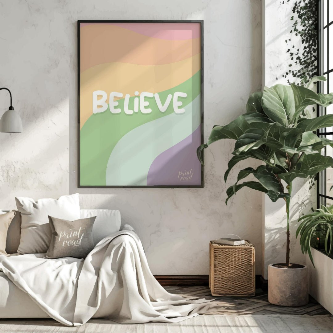 This uplifting and visually appealing graphic features the word “BELIEVE” in bold, bubbly white let… for living room
