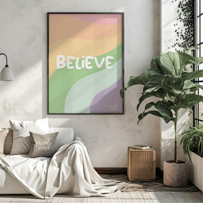 This uplifting and visually appealing graphic features the word “BELIEVE” in bold, bubbly white let… for living room