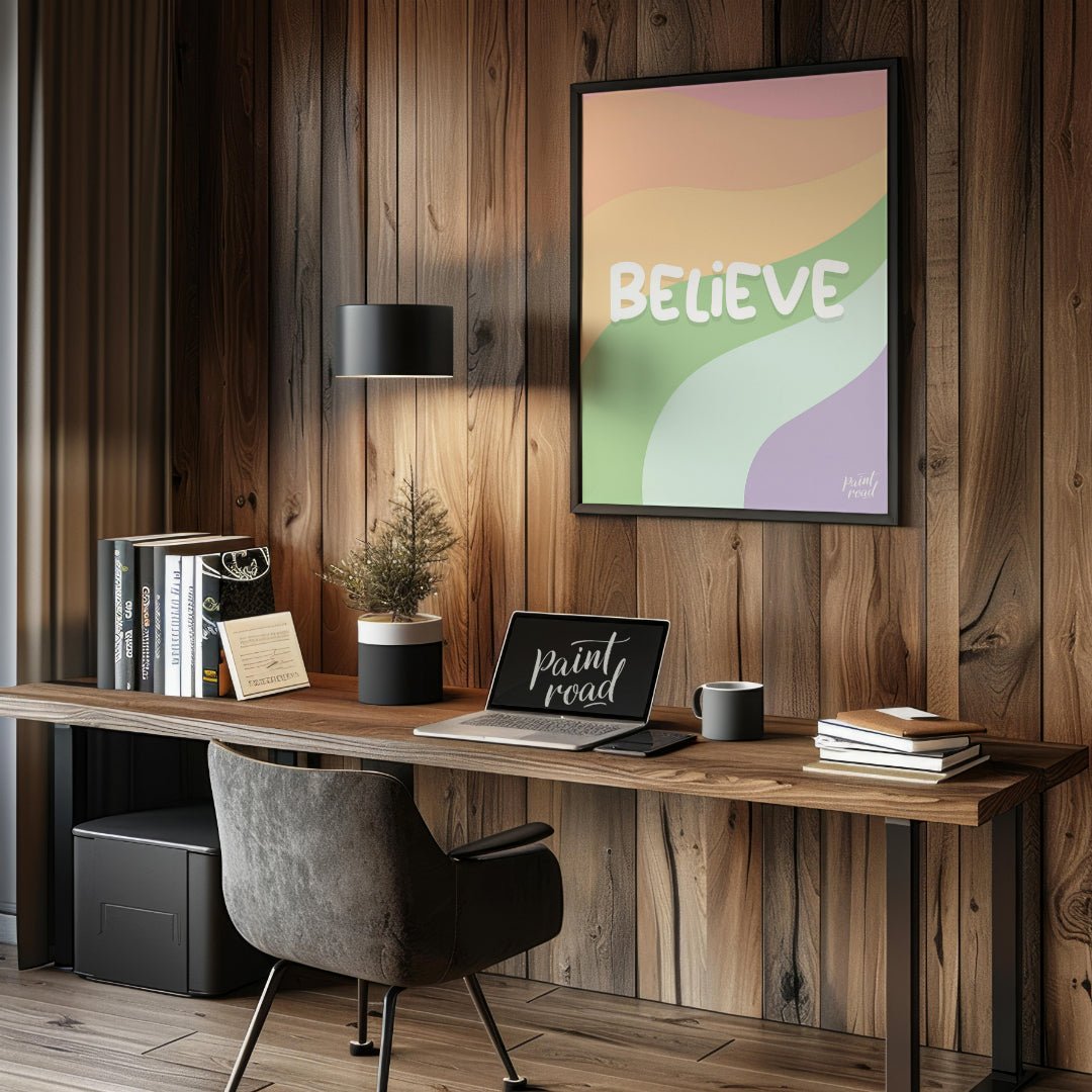 This uplifting and visually appealing graphic features the word “BELIEVE” in bold, bubbly white let… for office
