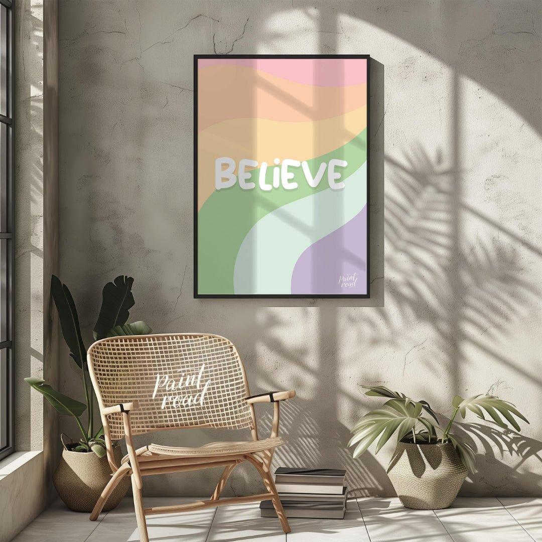 This uplifting and visually appealing graphic features the word “BELIEVE” in bold, bubbly white let… for other
