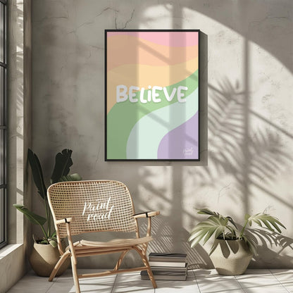This uplifting and visually appealing graphic features the word “BELIEVE” in bold, bubbly white let… for other