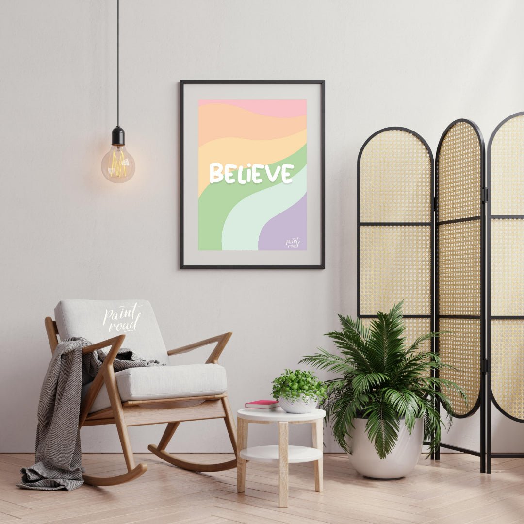This uplifting and visually appealing graphic features the word “BELIEVE” in bold, bubbly white let… for other