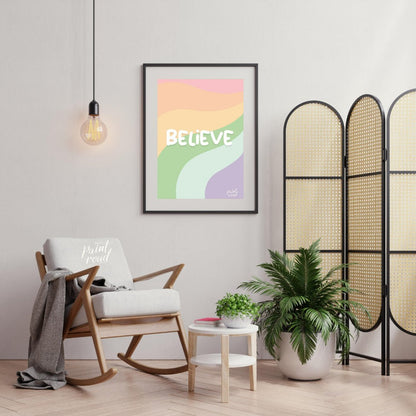 This uplifting and visually appealing graphic features the word “BELIEVE” in bold, bubbly white let… for other