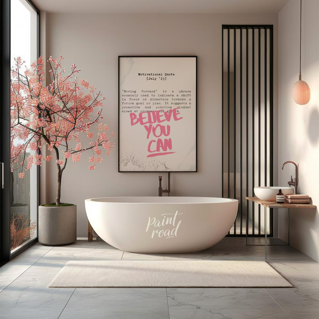 This empowering artwork features a motivational quote presented on a textured, light beige or off-w… for bathroom