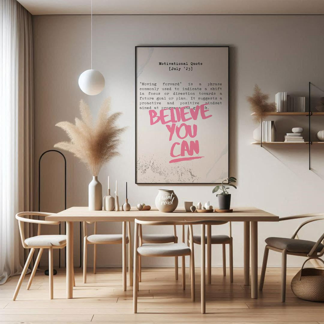 This empowering artwork features a motivational quote presented on a textured, light beige or off-w… for dining room
