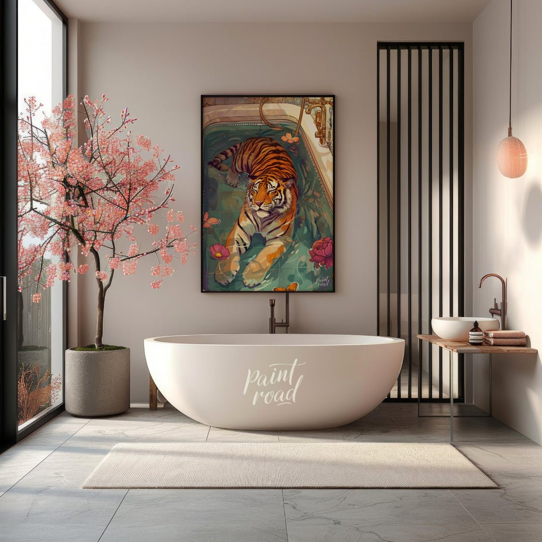 Bengal Tiger in Bathtub presents a surreal illustration of a tiger relaxing in a vintage bathtub fi… for bathroom