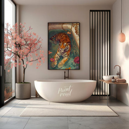 Bengal Tiger in Bathtub presents a surreal illustration of a tiger relaxing in a vintage bathtub fi… for bathroom