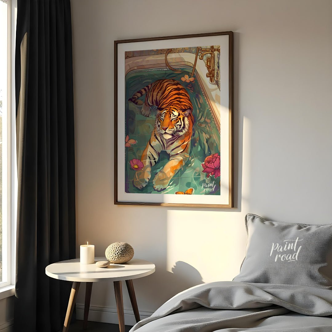 Bengal Tiger in Bathtub presents a surreal illustration of a tiger relaxing in a vintage bathtub fi… for bedroom