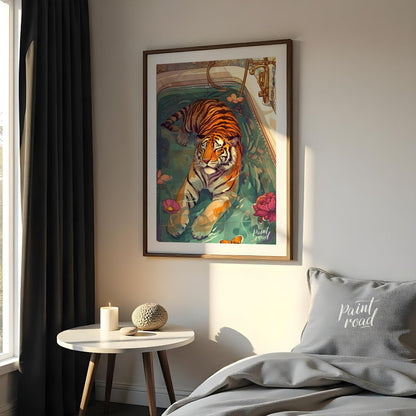 Bengal Tiger in Bathtub presents a surreal illustration of a tiger relaxing in a vintage bathtub fi… for bedroom