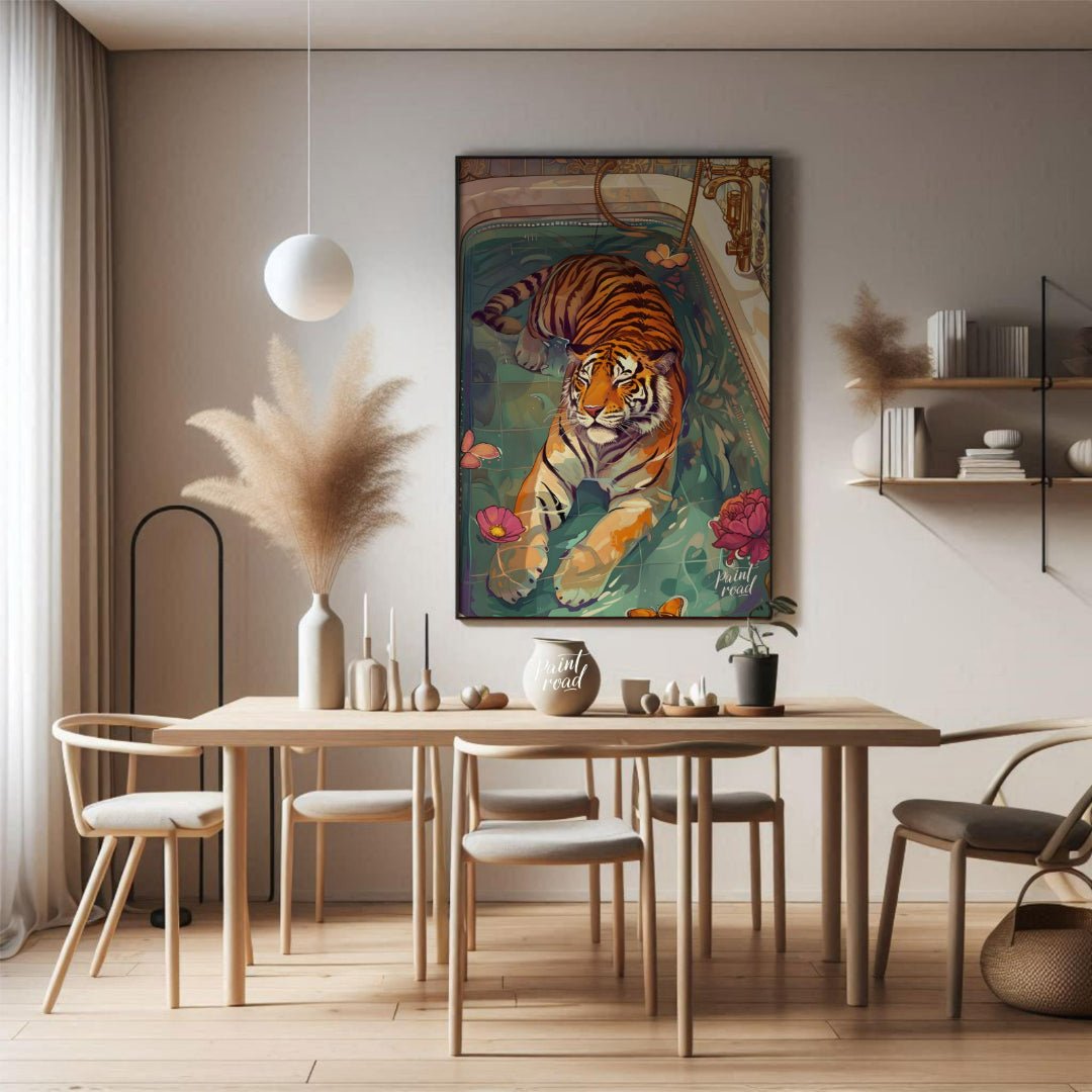 Bengal Tiger in Bathtub presents a surreal illustration of a tiger relaxing in a vintage bathtub fi… for dining room