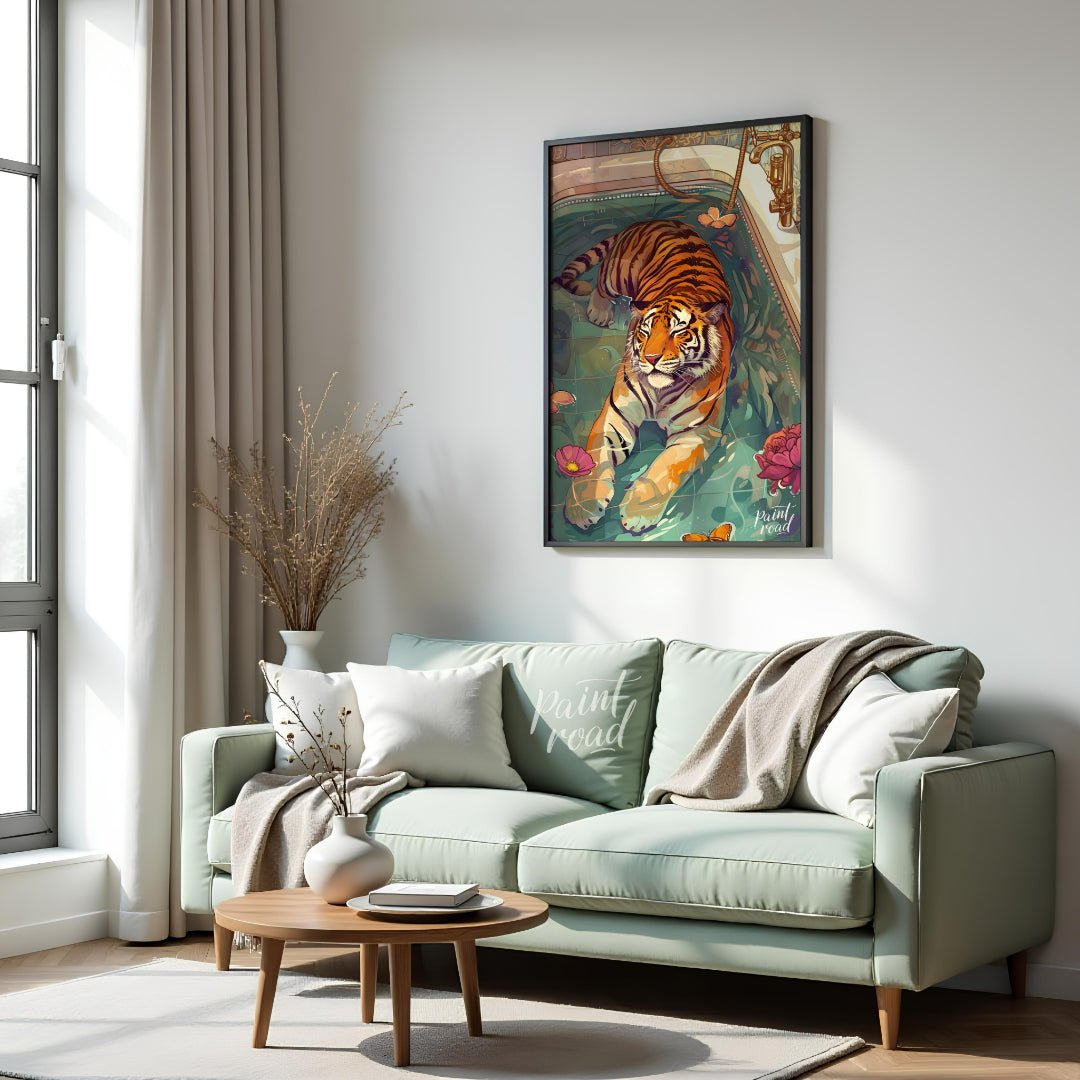 Bengal Tiger in Bathtub presents a surreal illustration of a tiger relaxing in a vintage bathtub fi… for living room