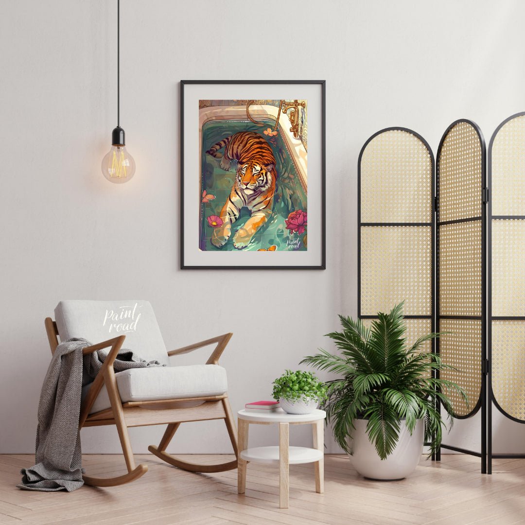 Bengal Tiger in Bathtub presents a surreal illustration of a tiger relaxing in a vintage bathtub fi… for living room