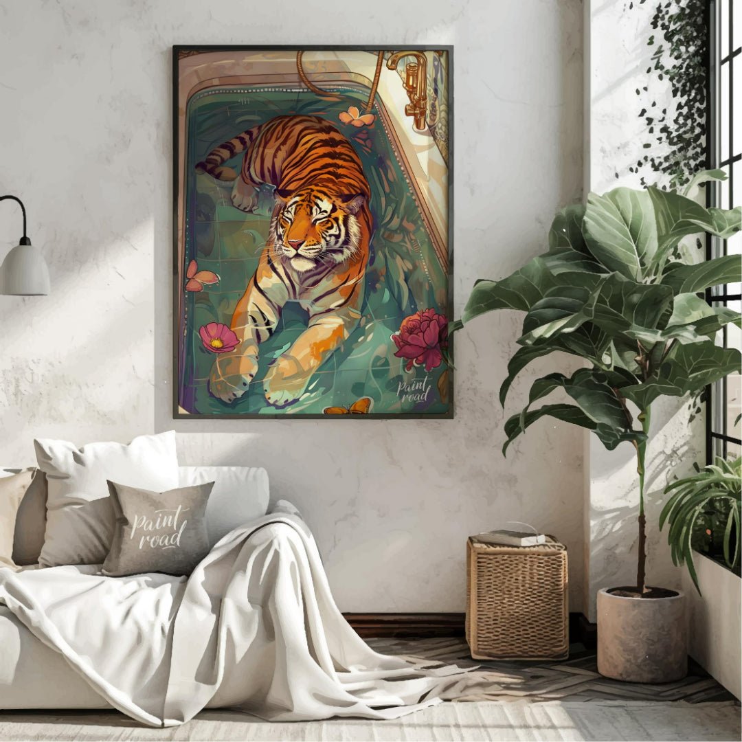 Bengal Tiger in Bathtub presents a surreal illustration of a tiger relaxing in a vintage bathtub fi… for living room