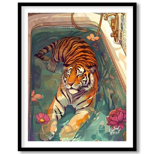 Bengal Tiger in Bathtub presents a surreal illustration of a tiger relaxing in a vintage bathtub fi… for lovely house