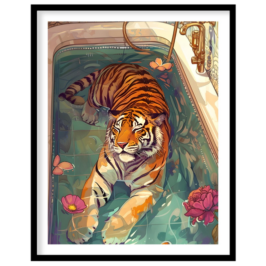 Bengal Tiger in Bathtub presents a surreal illustration of a tiger relaxing in a vintage bathtub fi… for lovely house