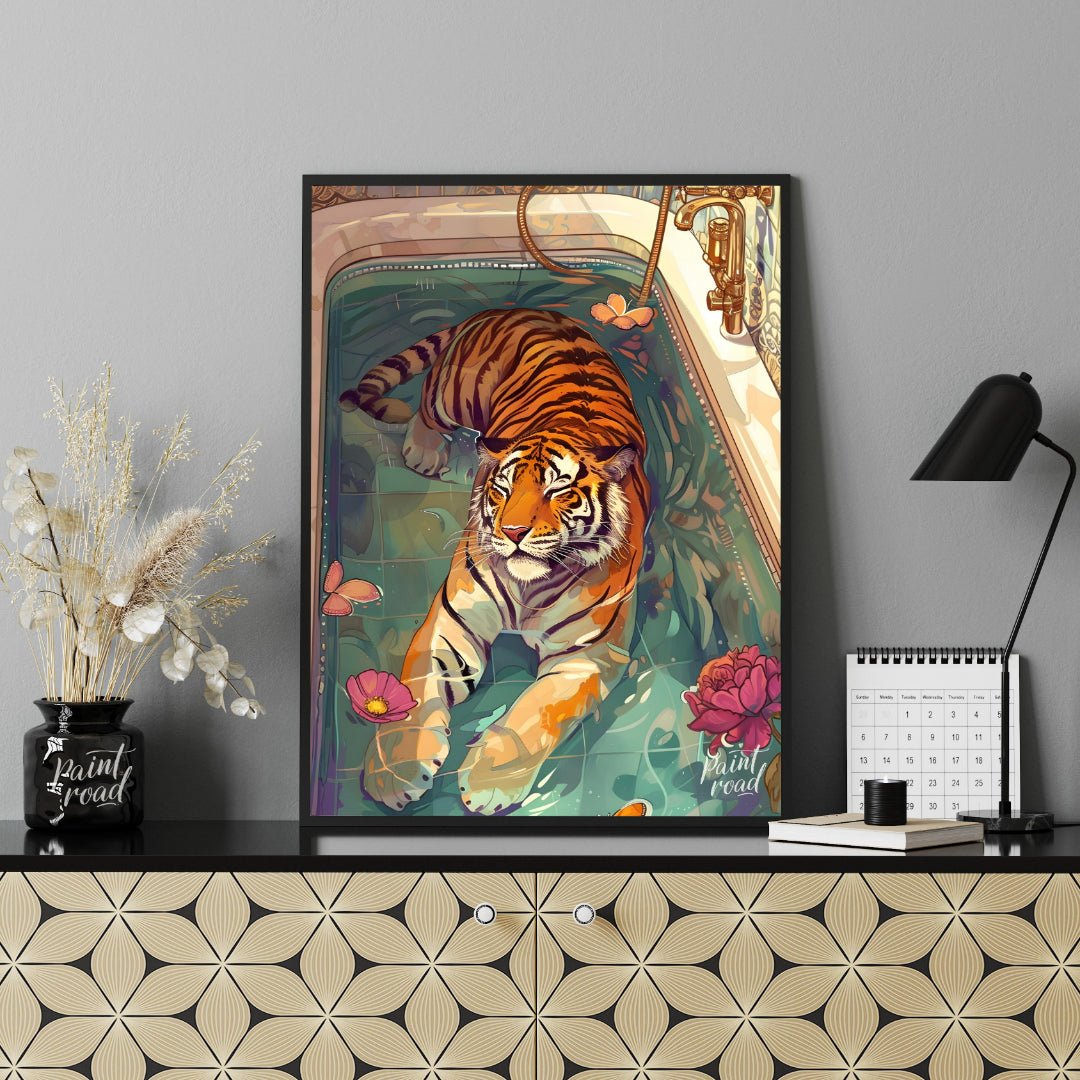 Bengal Tiger in Bathtub presents a surreal illustration of a tiger relaxing in a vintage bathtub fi… for office