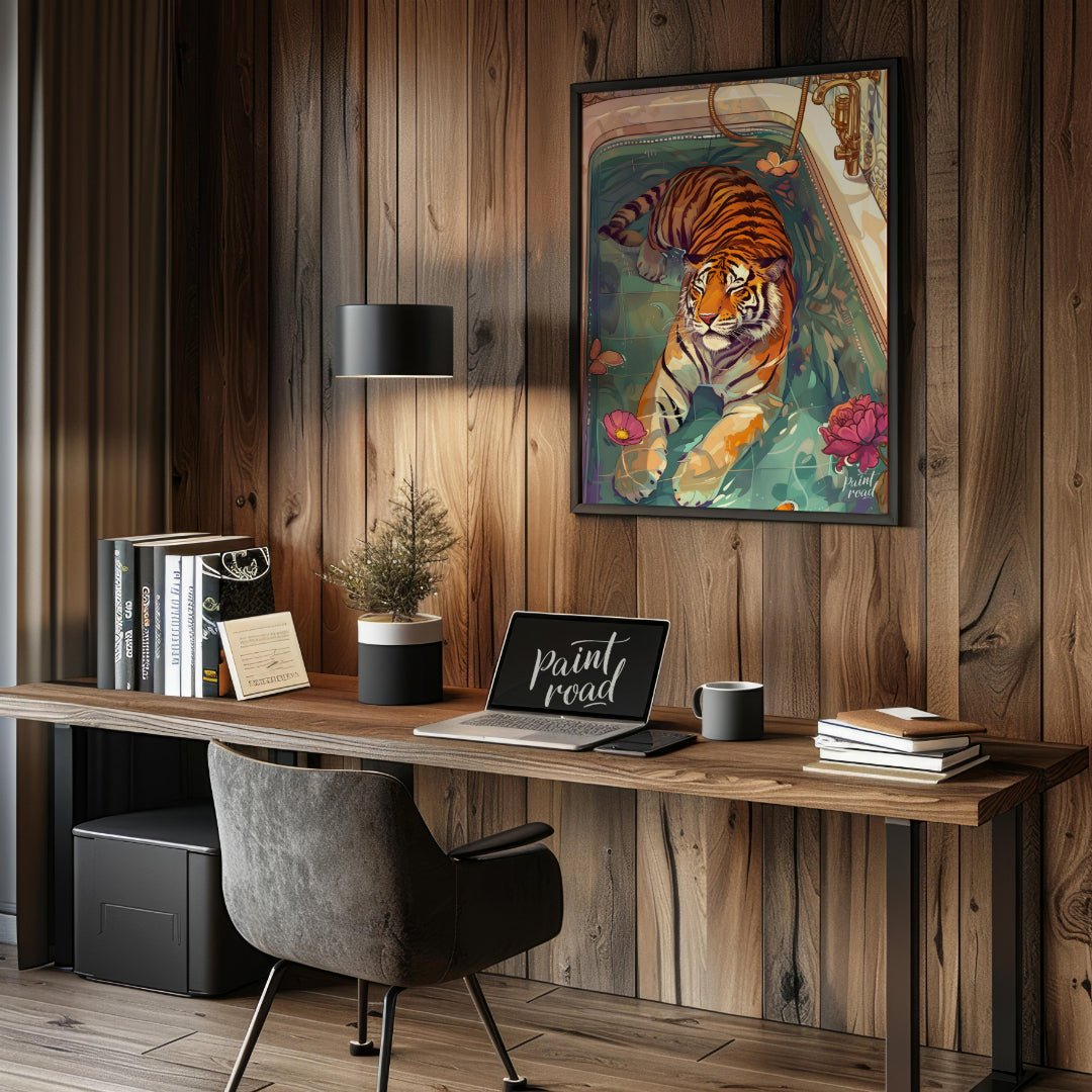Bengal Tiger in Bathtub presents a surreal illustration of a tiger relaxing in a vintage bathtub fi… for office