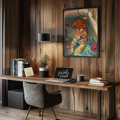 Bengal Tiger in Bathtub presents a surreal illustration of a tiger relaxing in a vintage bathtub fi… for office