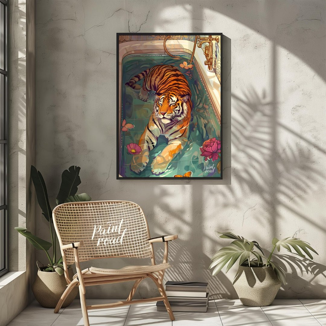 Bengal Tiger in Bathtub presents a surreal illustration of a tiger relaxing in a vintage bathtub fi… for other