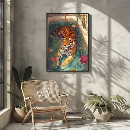 Bengal Tiger in Bathtub presents a surreal illustration of a tiger relaxing in a vintage bathtub fi… for other