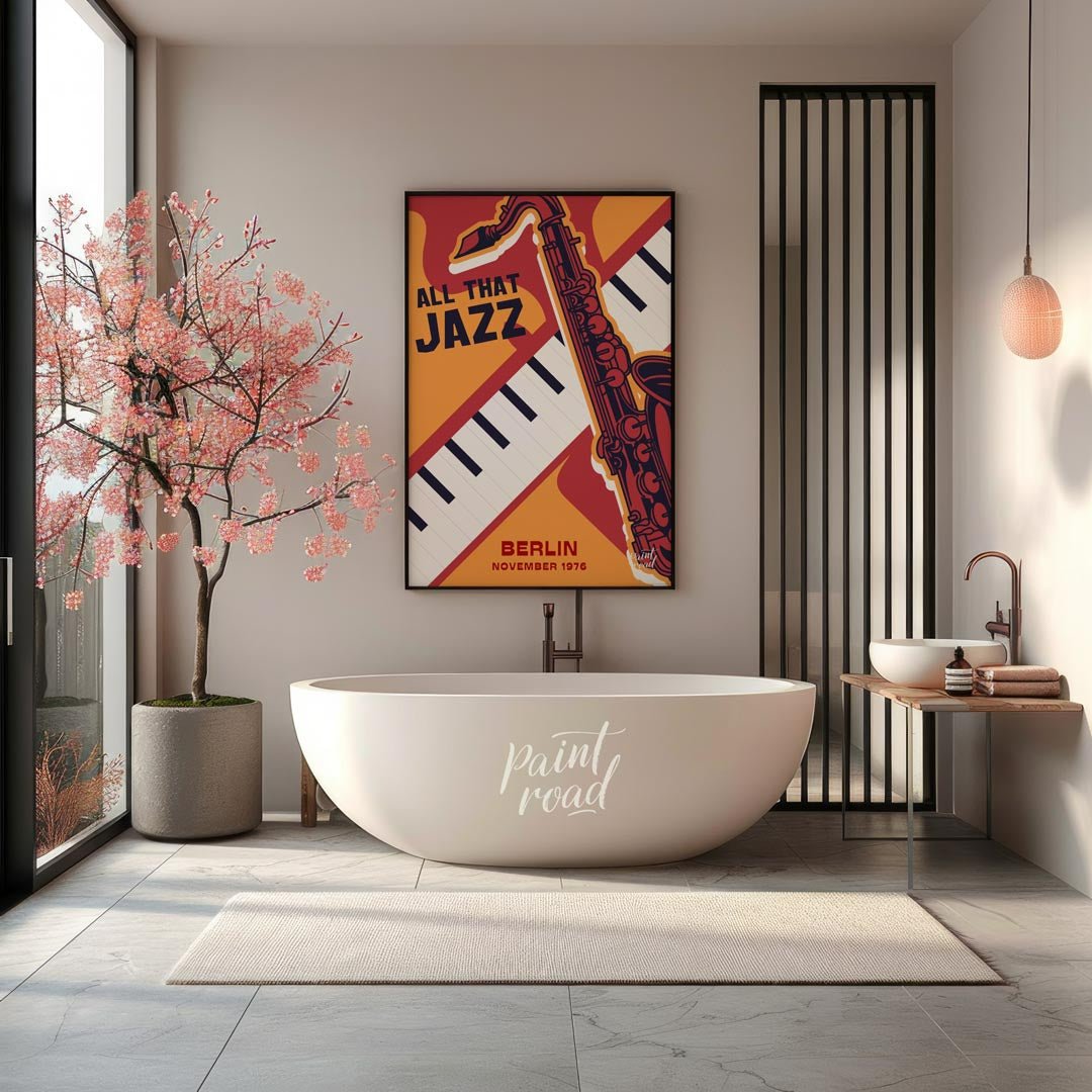 Capture the vibrant spirit of 1970s jazz with this bold and graphically dynamic art print, celebrat… for bathroom