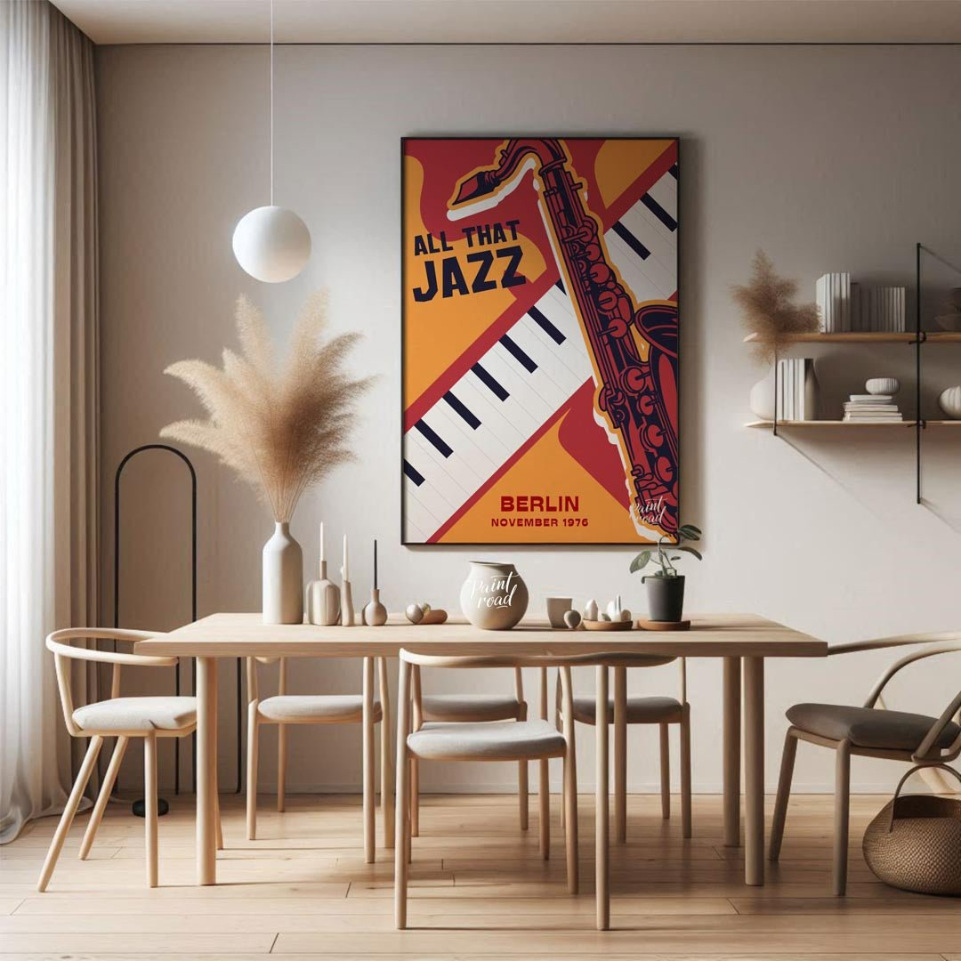 Capture the vibrant spirit of 1970s jazz with this bold and graphically dynamic art print, celebrat… for dining room