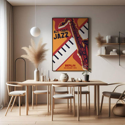 Capture the vibrant spirit of 1970s jazz with this bold and graphically dynamic art print, celebrat… for dining room