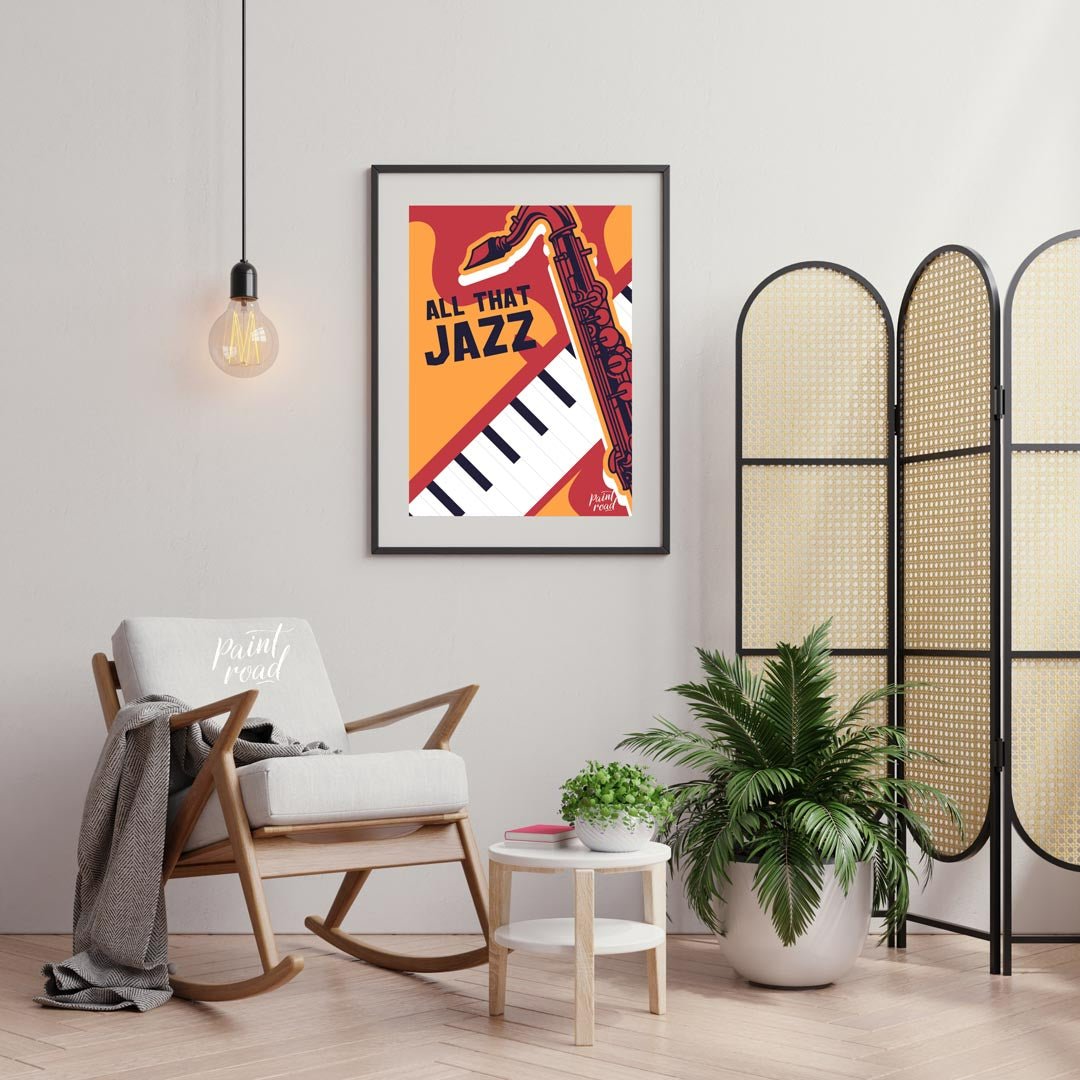 Capture the vibrant spirit of 1970s jazz with this bold and graphically dynamic art print, celebrat… for living room