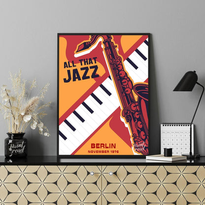 Capture the vibrant spirit of 1970s jazz with this bold and graphically dynamic art print, celebrat… for office