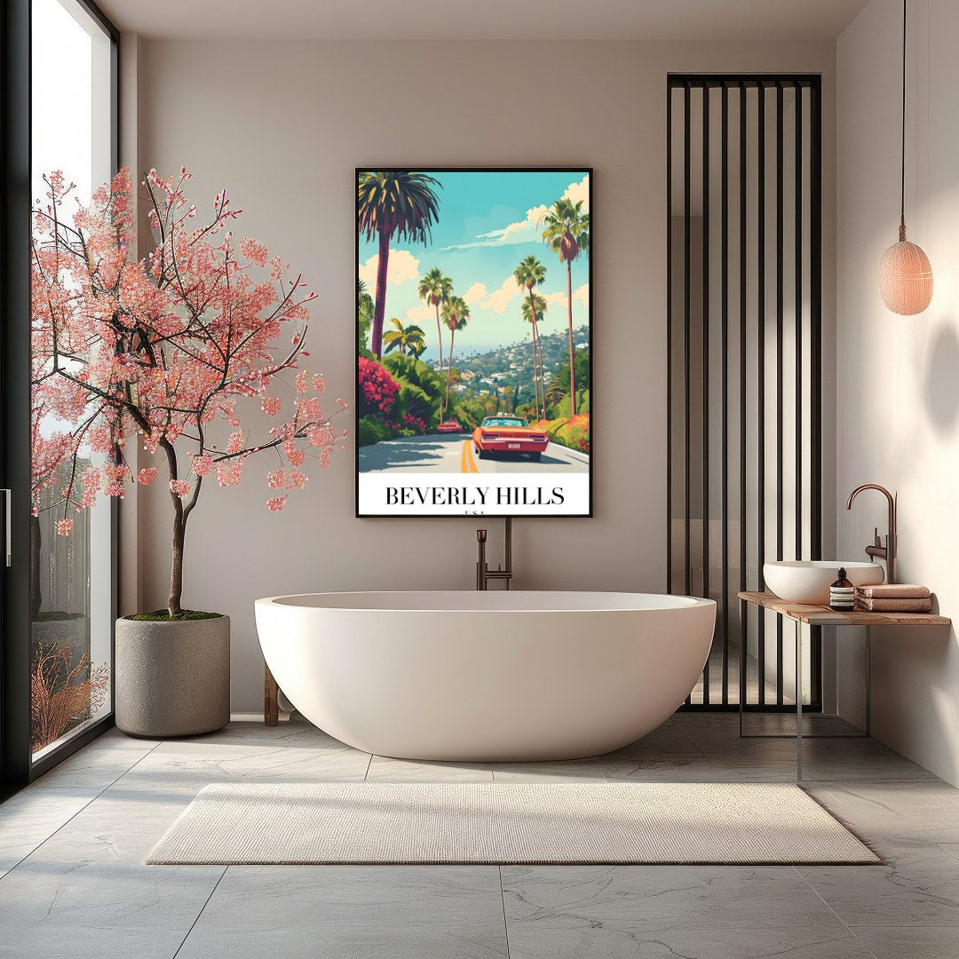 Capture the nostalgic allure of classic American road trips with this vibrant artwork featuring a for Bathroom