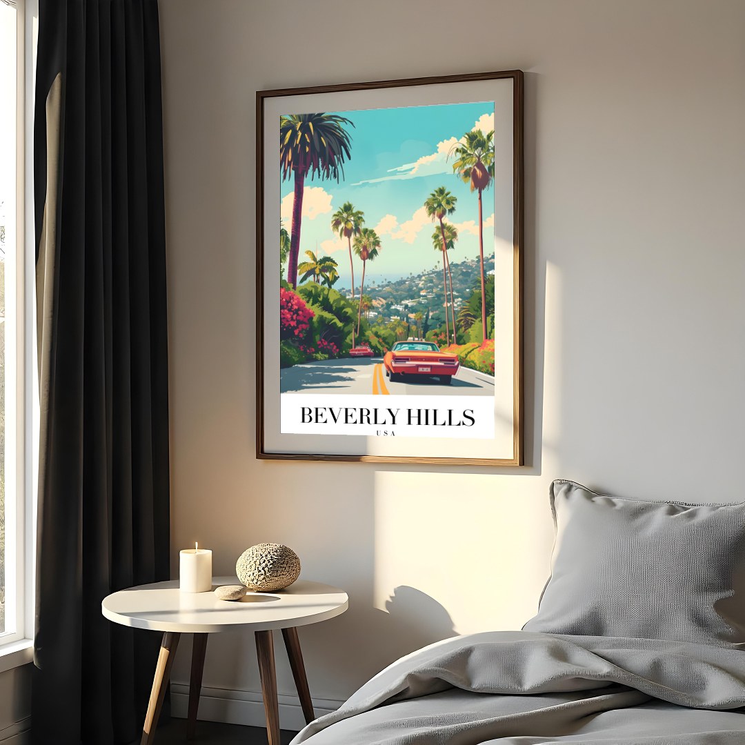 Capture the nostalgic allure of classic American road trips with this vibrant artwork featuring a for Bedroom