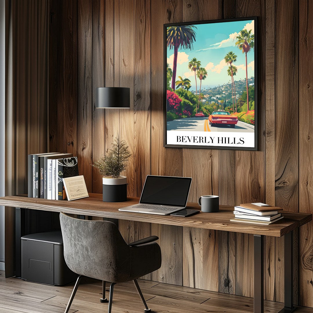 Capture the nostalgic allure of classic American road trips with this vibrant artwork featuring a for Study and Office