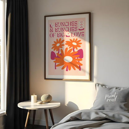 This charming digital illustration features two vibrant orange flowers with white centers, nestled … for bedroom
