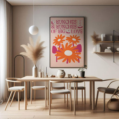This charming digital illustration features two vibrant orange flowers with white centers, nestled … for dining room