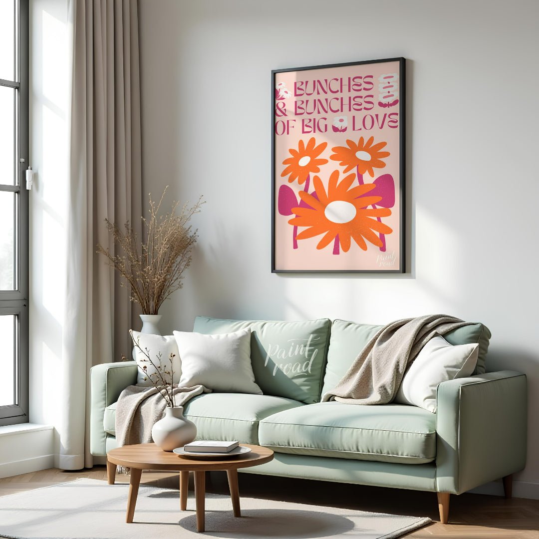 This charming digital illustration features two vibrant orange flowers with white centers, nestled … for living room