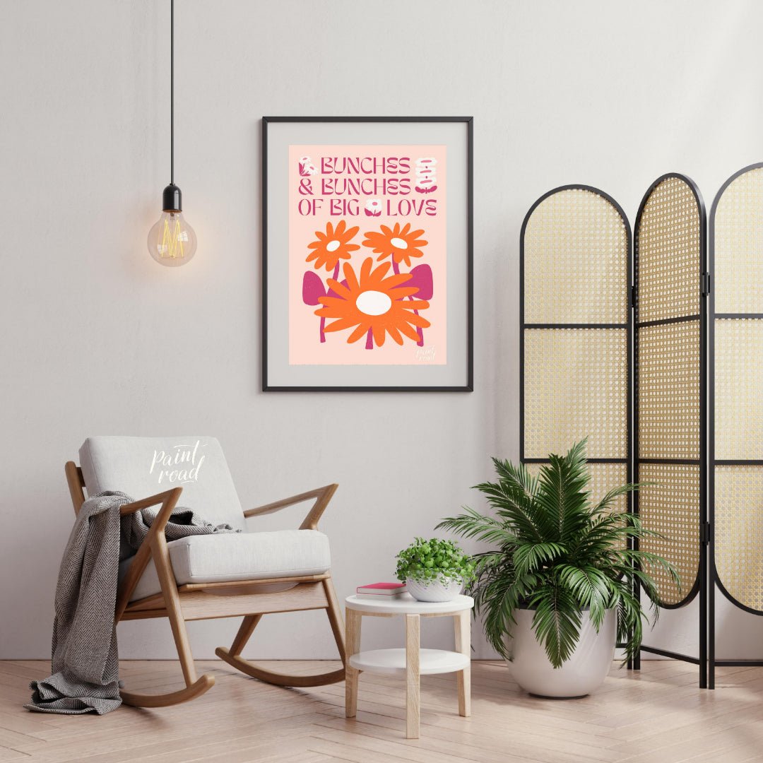 This charming digital illustration features two vibrant orange flowers with white centers, nestled … for living room